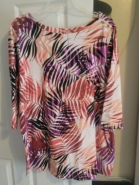 Jessica London Sz22/24 Pink, Purple & Black Tropical Print Boatneck Cotton Top